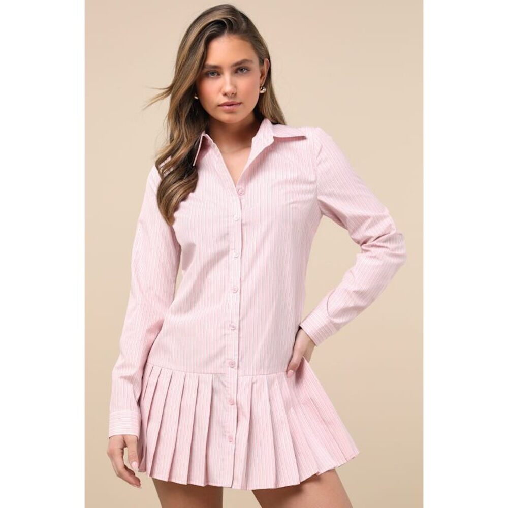 Lulus Exquisite Poise Light Pink Striped Collared Mini Dress - Size M